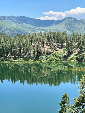 A view of trees and mountains with the reflection image on the lake's surface in Durango Colorado