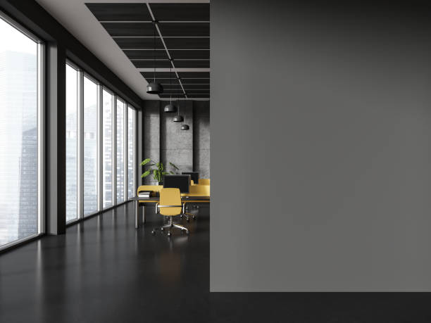 istock Grey work zone interior with chairs and desk near panoramic window. Mock up wall 1686878118