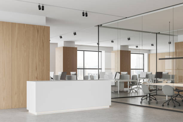 istock Stylish business interior reception desk and coworking space, window 1686879163