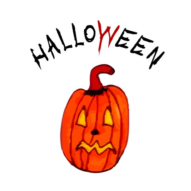 istock Vector scary pumpkin. Halloween doodle icon. Terrible facial expressions. Decorative inscription. 1686880244