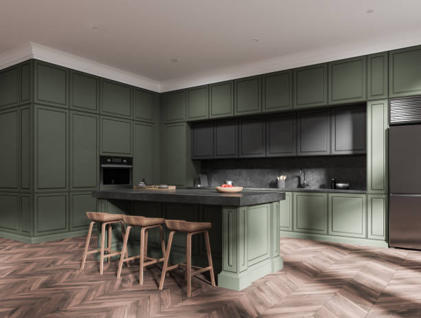 istock Modern home kitchen interior with bar island and cooking space with shelves 1686883815