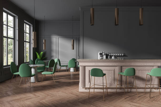 istock Dark cafe interior with bar counter, chair and table near panoramic window 1686885545