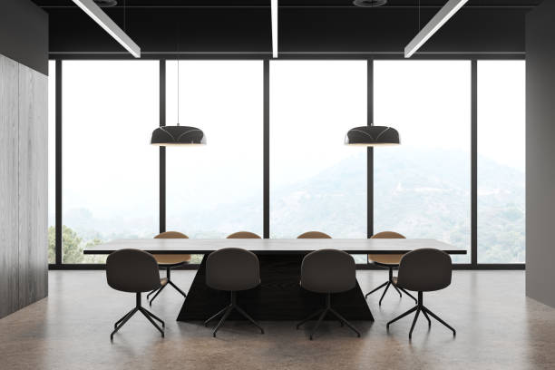istock Grey conference room interior with seats and table, panoramic window 1686887162