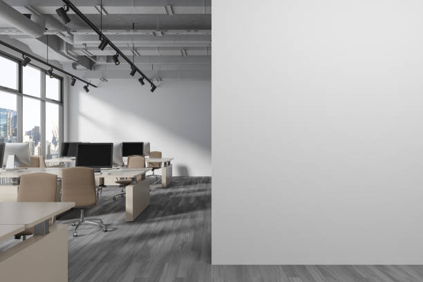 istock Cozy coworking interior with armchairs and table, panoramic window. Mock up wall 1686889786