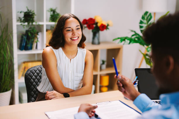 istock Young beautiful woman at a job interview 1686889795