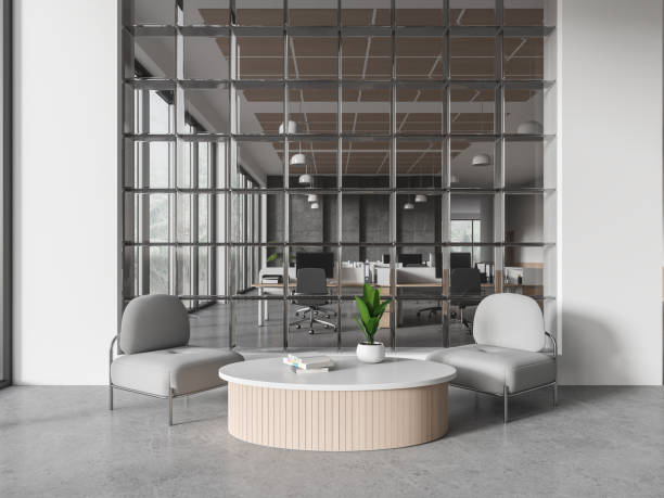 istock White and glass office waiting room interior with armchairs 1686890338