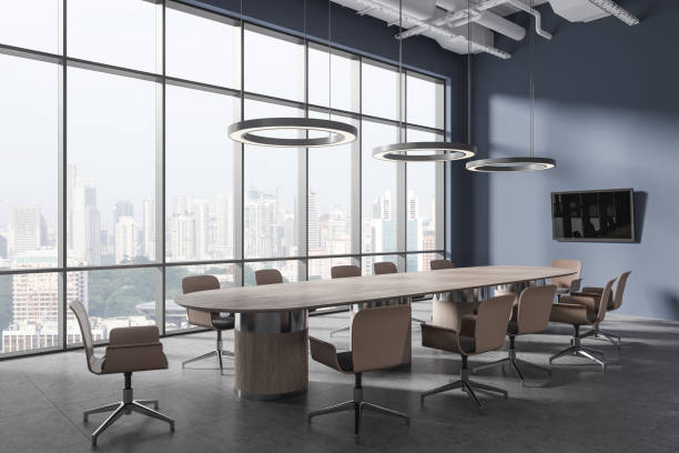 istock Dark blue meeting room interior with table and armchairs, panoramic window 1686890745