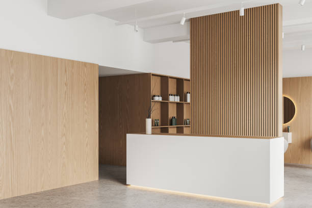 istock Reception in white and wooden beauty salon 1686891931