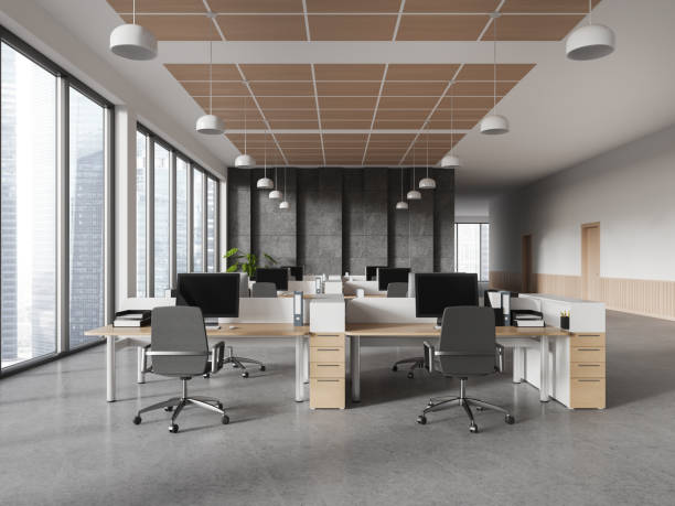 istock Light business loft interior with coworking space and doors, panoramic window 1686892443