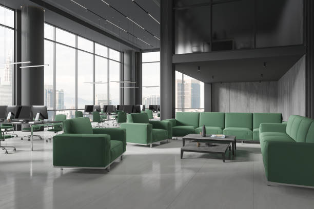istock Stylish office room interior with coworking and chill zone with panoramic window 1686902828