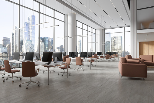 White business loft interior with armchairs and pc computers in row, side view. Business workspace and chill area with panoramic window on New York skyscrapers. 3D rendering