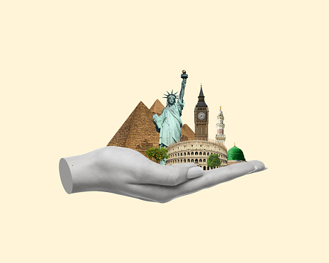 Contemporary art collage of hand holding world landmarks. Travel concept. Modern design. Copy space.