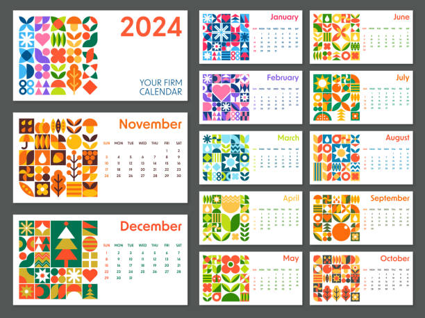 Calendar 2024 - Abstract Geometric Bauhaus Shape Style. Calendar Leaves with Monthes: January, February, March, April, May, June, July, August, September, October, November, December and Cover