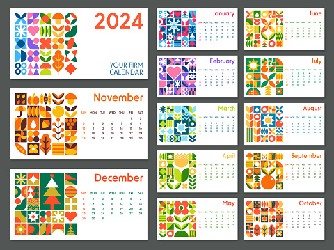 Calendar 2024 - Abstract Geometric Bauhaus Shape Style. Calendar Leaves with Monthes: January, February, March, April, May, June, July, August, September, October, November, December and Cover