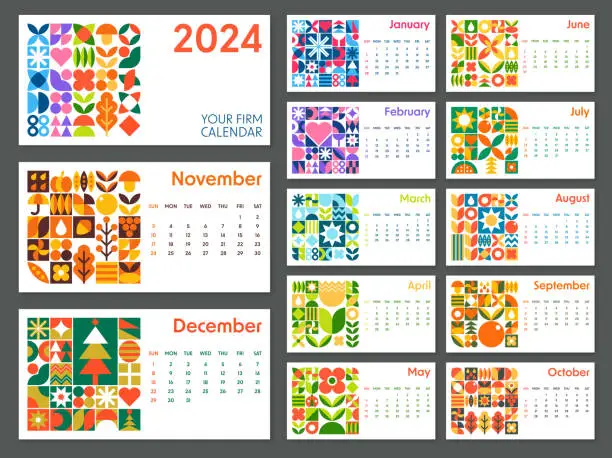 Vector illustration of Calendar 2024 - Abstract Geometric Bauhaus Shape Style. Vector Color Art Design