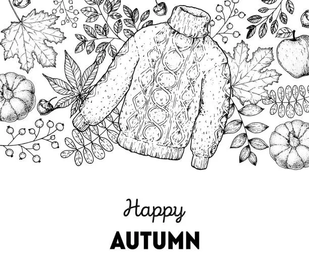 Vector illustration of Cozy Autumn frame. Hand drawn vector illustration. Design elements. Set of leaves, sweater, pumpkin, maple leaf, apple, twigs, acorn. Hand drawn sketch.