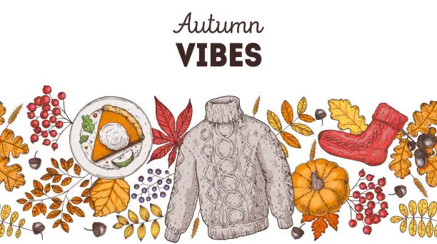 Vector illustration of Cozy Autumn frame. Hand drawn vector illustration. Design elements. Set of twigs, cake slice, sock, sweater, leaves, acorn, berries, pumpkin. Horizontal seamless.