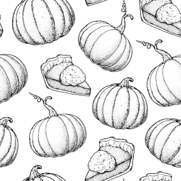 Vector illustration of Seamless pattern with pumpkin and piece of pumpkin pie sketches. Hand drawing illustration. Vector illustration. Hand drawn sketch.