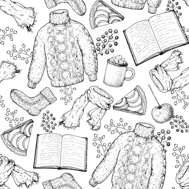 Vector illustration of Cozy autumn seamless pattern. Background with wool sweater, open book, scarf, knitted socks, apple pie piece, twigs, warm clothes. Hand drawn vector illustration.