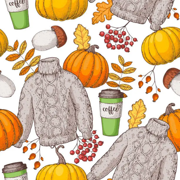 Vector illustration of Cozy autumn seamless pattern. Background with pumpkin, autumn leaves, coffee cup, rowan, wool sweater, mushroom. Hand drawn vector illustration.