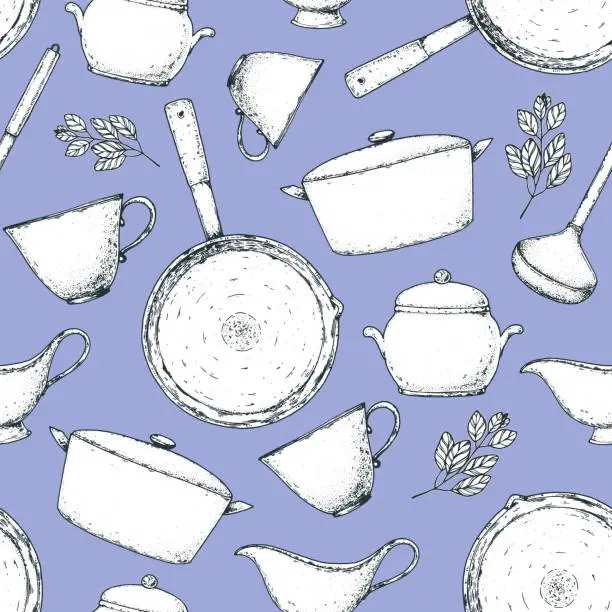 Vector illustration of Kitchenware seamless pattern. Menu design background. Hand drawn sketch. Stewpot, stewpan, cup, frying pan, creamer, ladle, sugar bowl