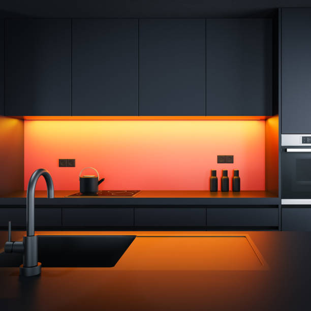 istock Modern minimalist kitchen with long island with stools. Dark materials. 1686988994
