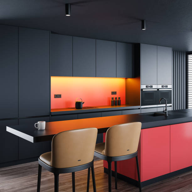 istock Modern minimalist kitchen with long island with stools. Dark materials. 1686989445