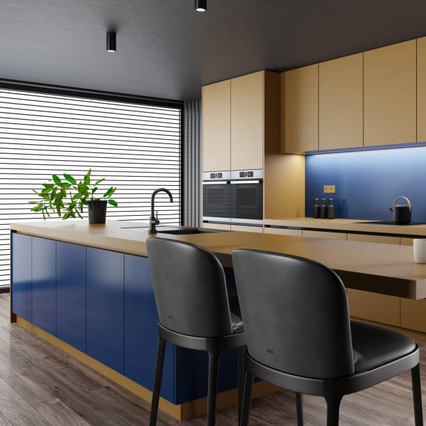istock Modern minimalist kitchen with long island with stools. Dark materials. 1686990650