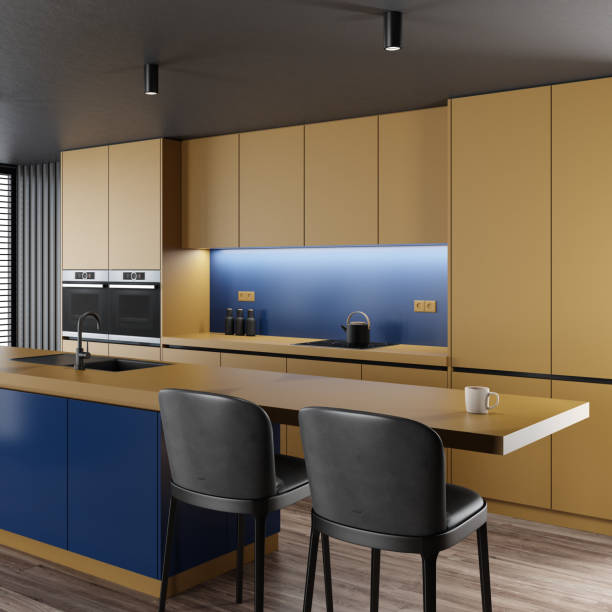 istock Modern minimalist kitchen with long island with stools. Dark materials. 1686992769