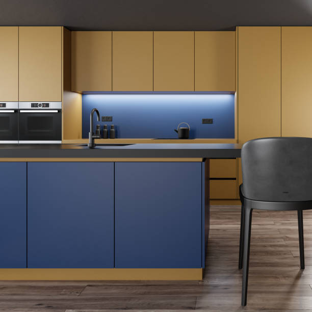 istock Modern minimalist kitchen with long island with stools. Dark materials. 1686993331