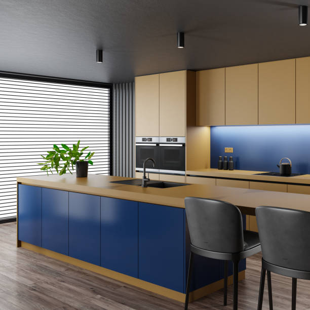 istock Modern minimalist kitchen with long island with stools. Dark materials. 1686993334
