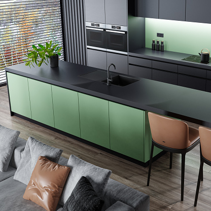 Modern and minimalist apartment interior kitchen. Kitchen with long island. Dark materials finish. Modern furniture. 3d renderings.