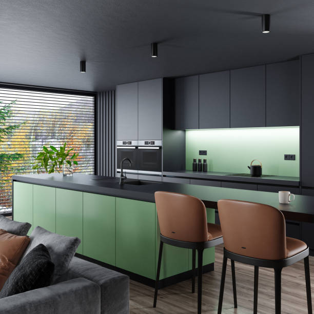istock Modern minimalist kitchen with long island with stools. Dark materials. 1686997963
