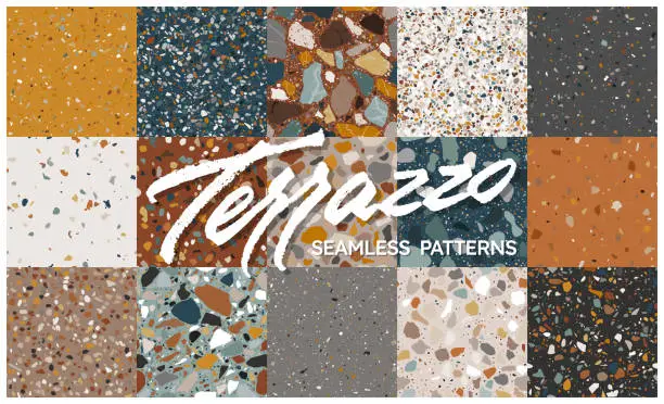 Vector illustration of Terrazzo seamless pattern collection in warm colors. Classic italian marble tiles. Abstract mosaic background with natural stone texture for wrapping paper, textile print, packaging design and more