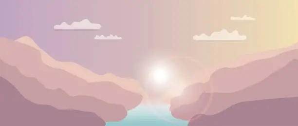 Vector illustration of Flat illustration. Vector background. Landscape with silhouettes of purple-brown mountains with a turquoise river, sunlight and clouds. Perfect for screensaver, card, invitation or textile.