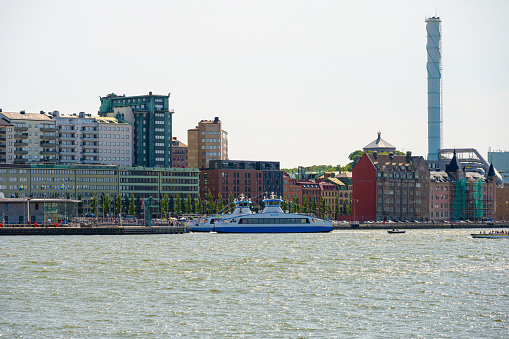 Gothenburg, Sweden - June 03 2023: Hybrid electric passenger ferries at Stenpiren ferry terminal.