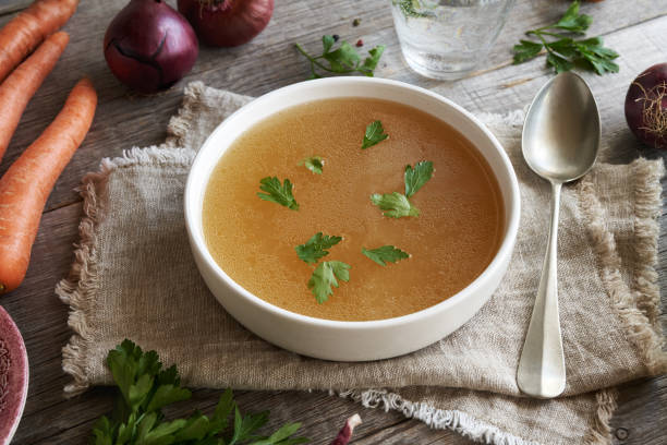 istock Chicken bone broth in a white soup bowl on a wooden table 1687037294
