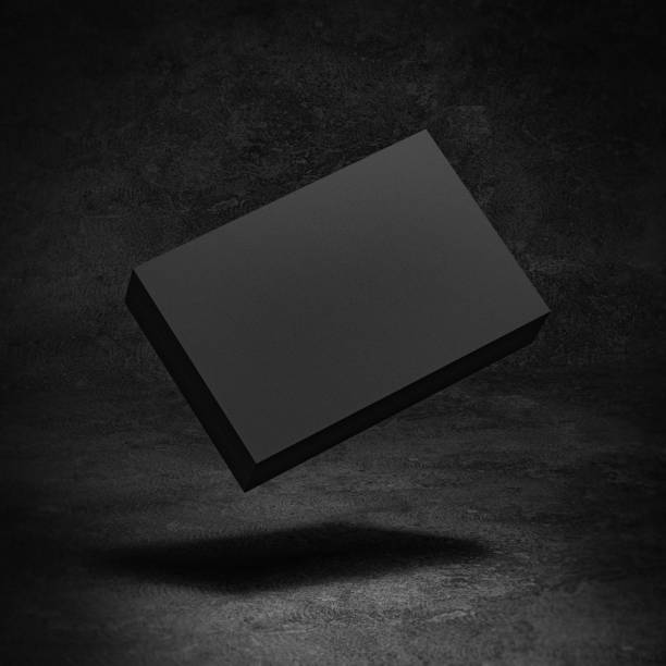 Flying black box in dark background. Luxury package gift template for logo branding