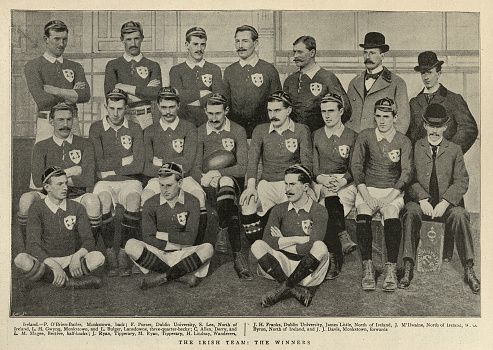 Vintage illustration of after a photograph, Irish Rugby Union team for the England Vs Ireland, 1898 Home Nations Championship, Victorian History Sport