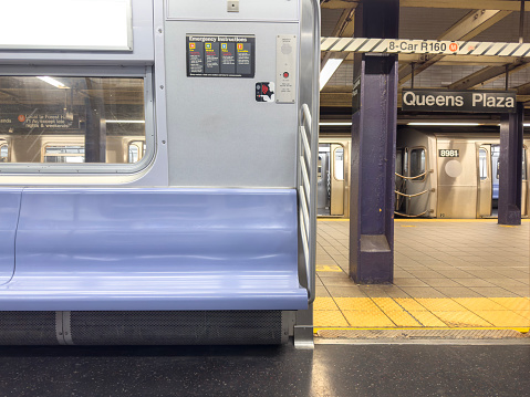 A signboard indicates the platform of the train that goes to Cuatro Caminos, Tetuan, in out-of-service Chamberí station, at Metro de Madrid.