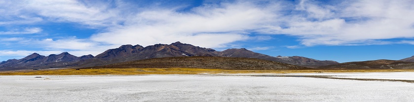 Arequipa, Peru, November 5, 2021: Panoramic view of a plateau in the Peruvian Andes on the salt flats.
