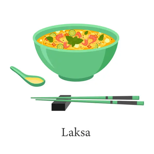 Vector illustration of Laksa noodle soup. Vector illustration.