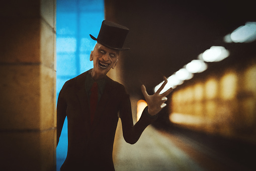 Spooky man on the subway station. 3D generated image.