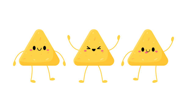 ilustrações, clipart, desenhos animados e ícones de personagem nachos, fichas engraçadas. comida latina kawaii. ilustração vetorial. - taco chips