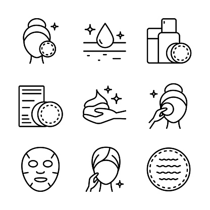 Makeup removal and skin care icons set. Simple outline style. Face, beauty, health, woman, healthy, mask, clean, fresh, girl, cleansing concept. Vector illustration isolated on white background. Aesthetic cosmetology line icons, vector pictogram of shiny skin, anti age skin care.