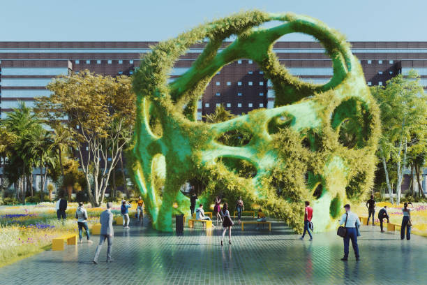People walking in city park, 3D generated image.