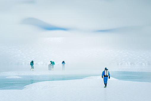 People in hazmat suit cleaning environment, 3D generated image.