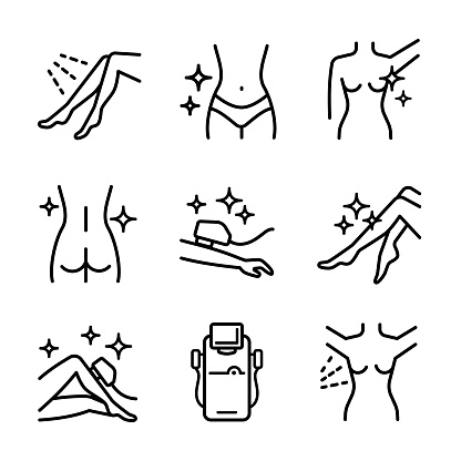 Laser hair removal icons. Outline epilation line icons. Apparatus, equipment. Vector illustration