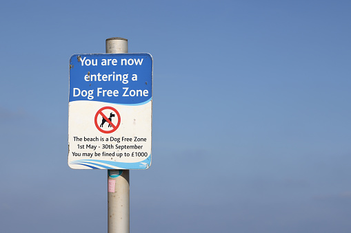 Skegness, Lincolnshire, England - September 16 2023: A sign stating that there is a dog-free zone on the beach at the East Coast seaside town of Skegness.
