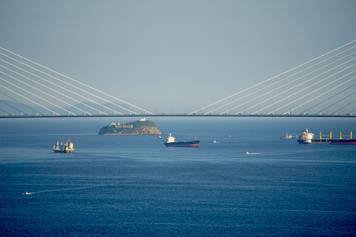 The bridge at the entrance to Vladivostok. The blue sea of Vladivostok. Summer Vladivostok top view. Port